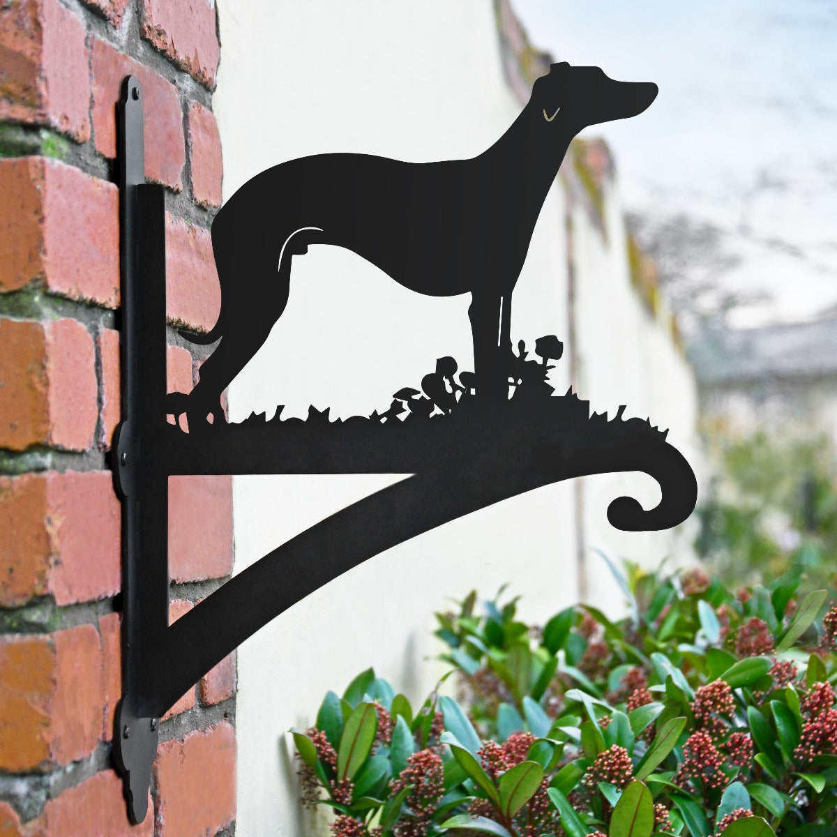 "Whippet" Dog Garden Hanging Basket Bracket In Situ