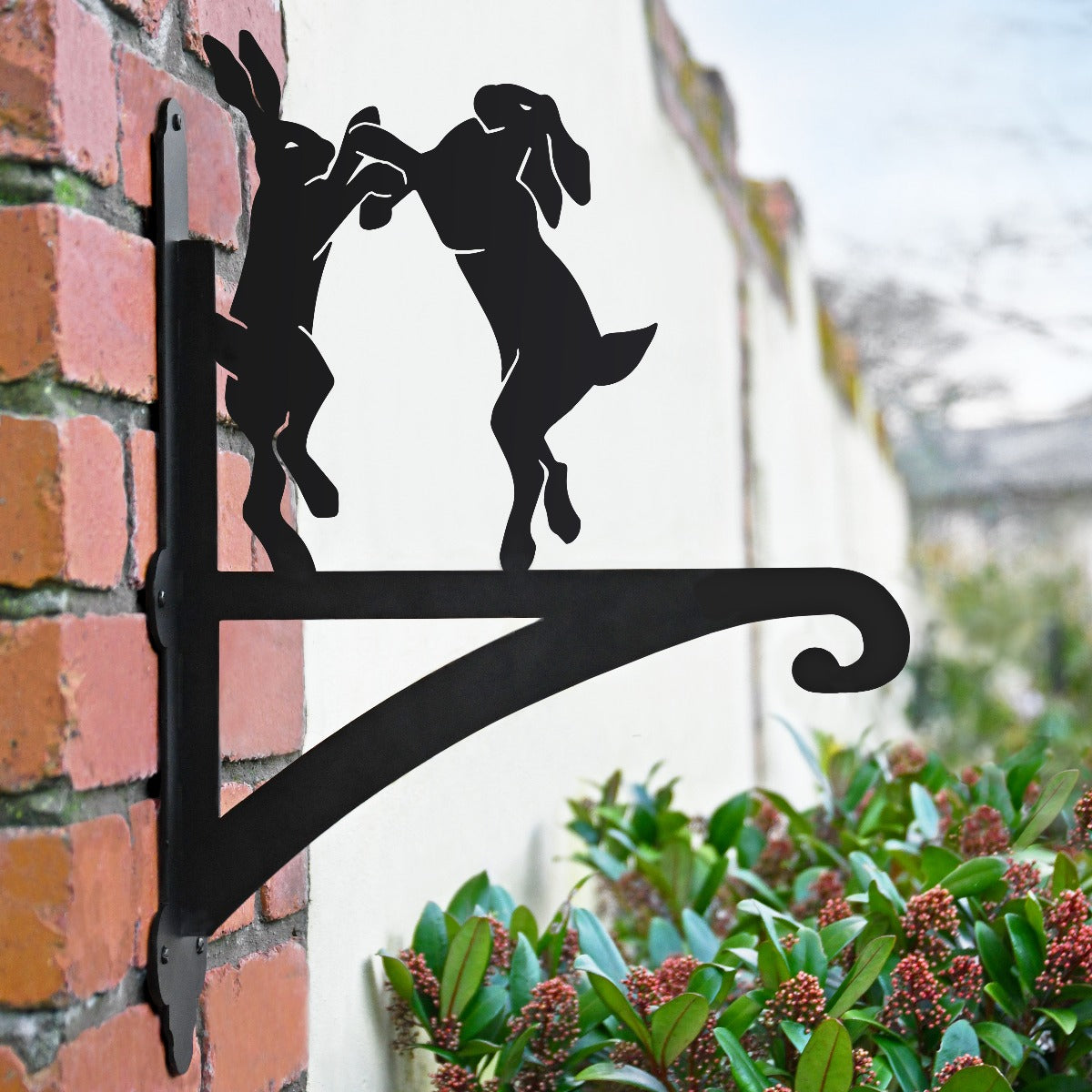 "Boxing Hares" Garden Hanging Basket Bracket In Situ