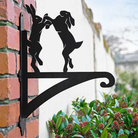 "Boxing Hares" Garden Hanging Basket Bracket In Situ