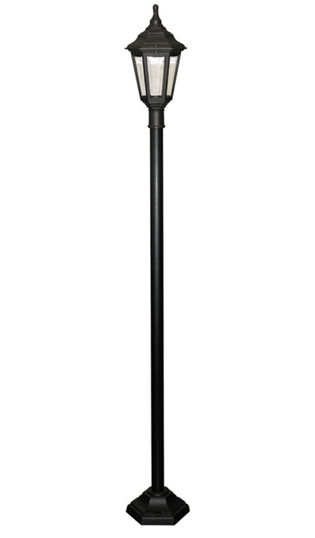 A black hexagonal garden lamp post
