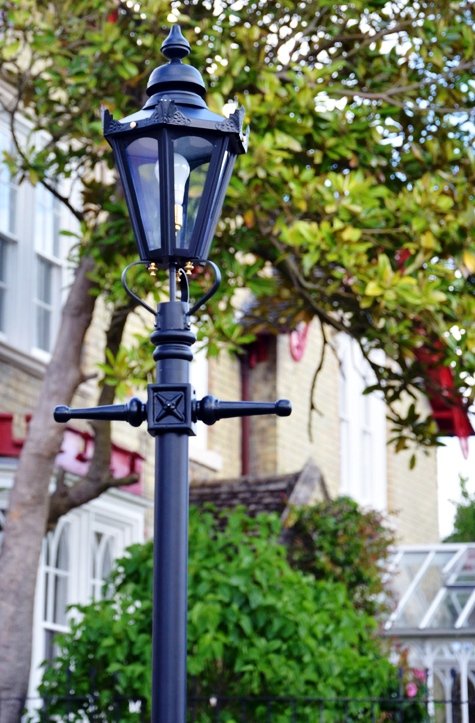 Hexagonal Lamp Post in a Home Garden