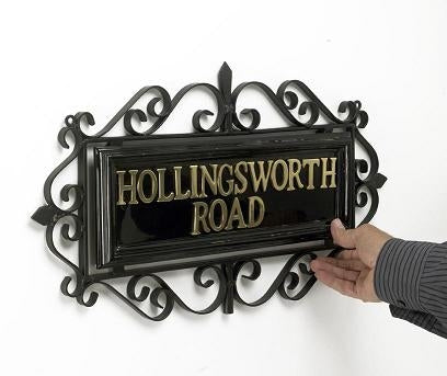 Black Ornate Scroll Wrought Iron Lamp Post Sign