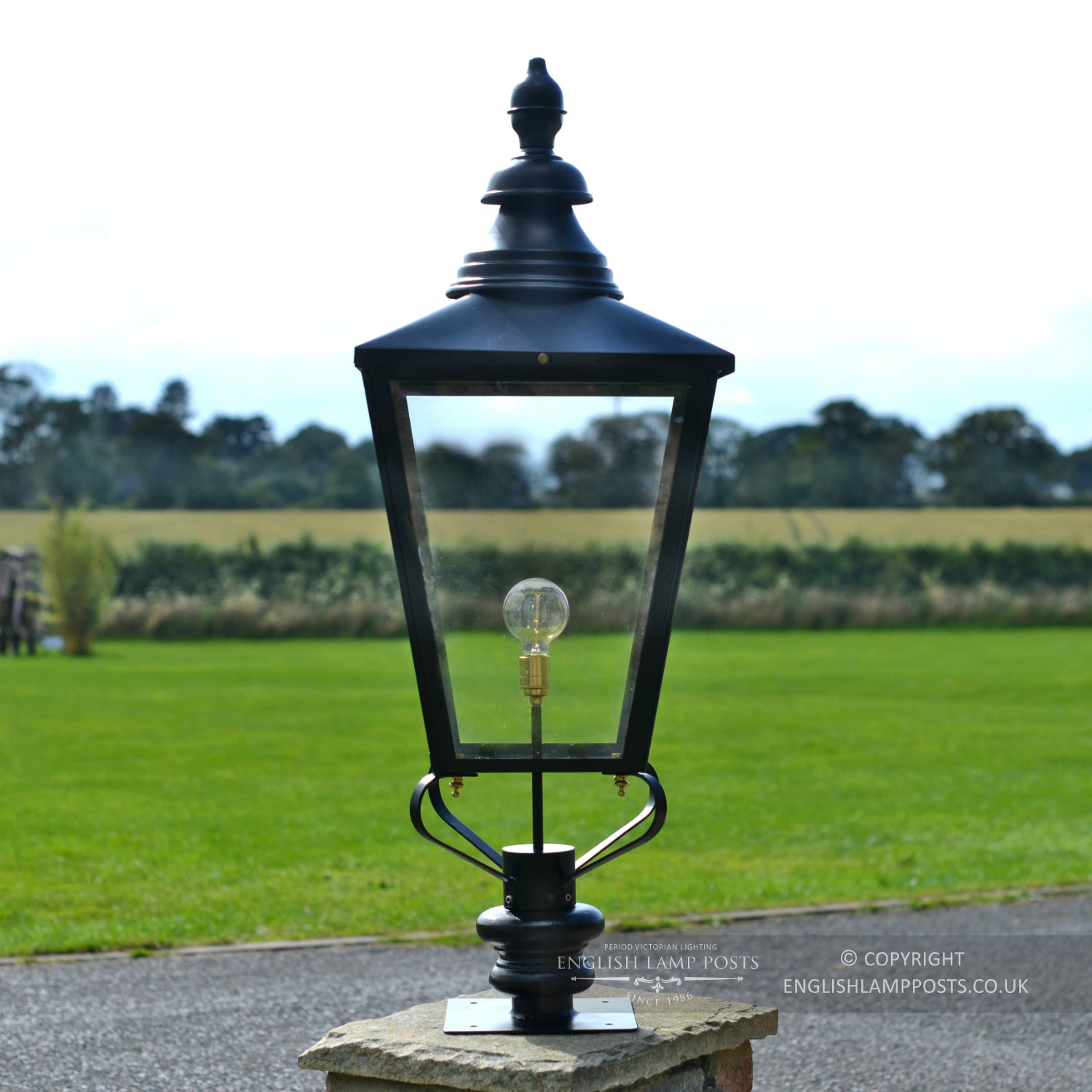 Black Rochester Driveway Light On Stone Entrance Pillar