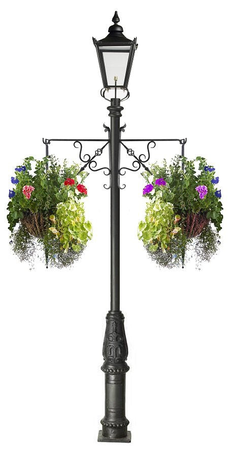 Black Victorian Lamp Post with Traditional Hanging Baskets