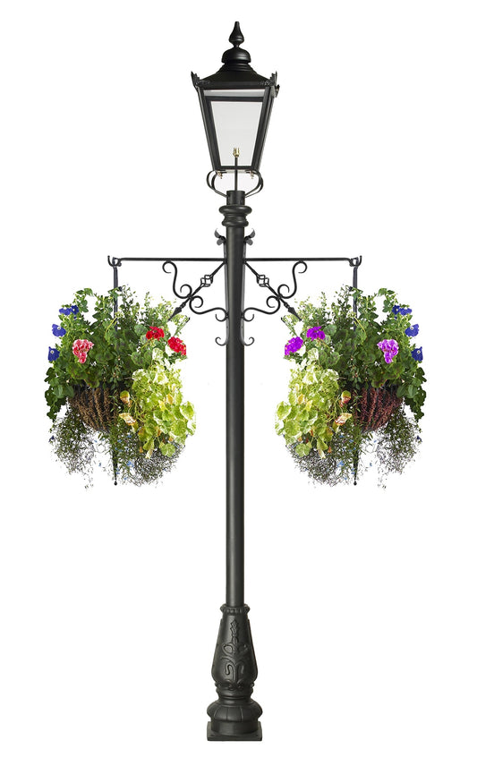 Black Victorian Lamp Post with Traditional Hanging Baskets