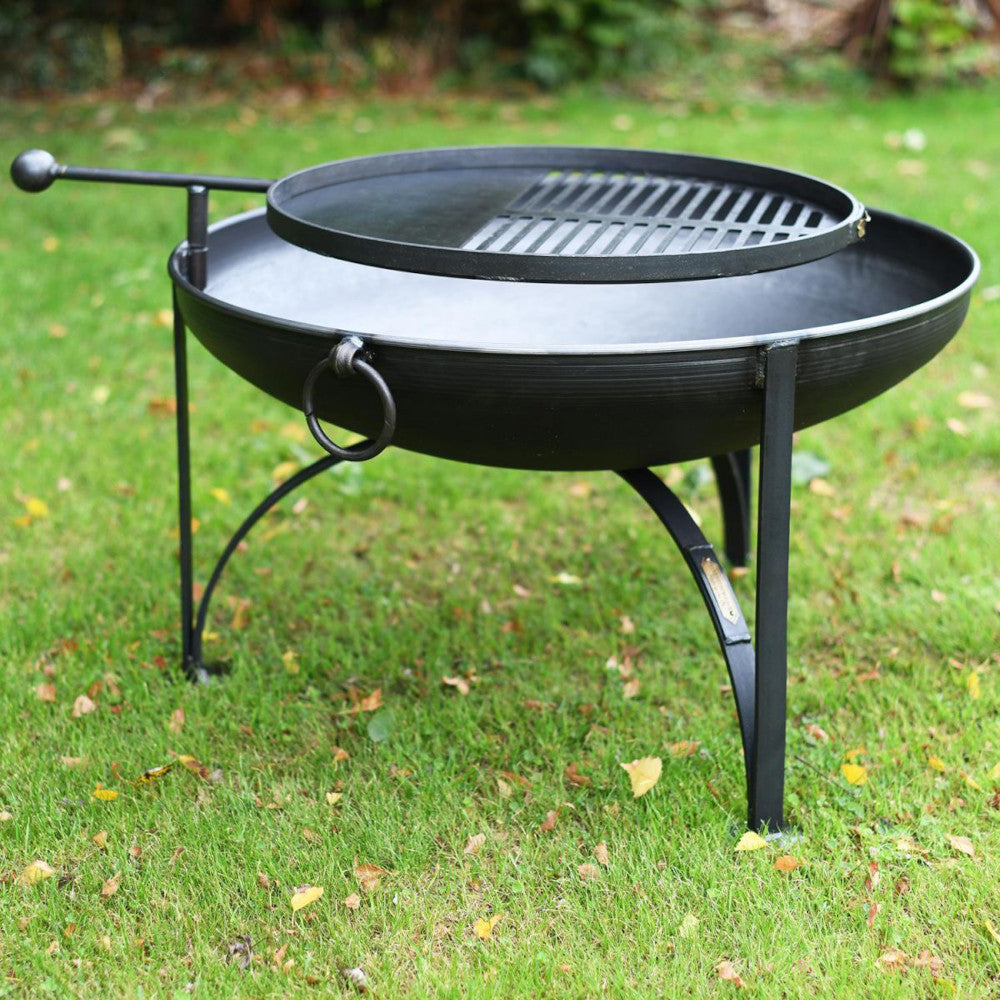 Side profile of the black fire bowl and BBQ