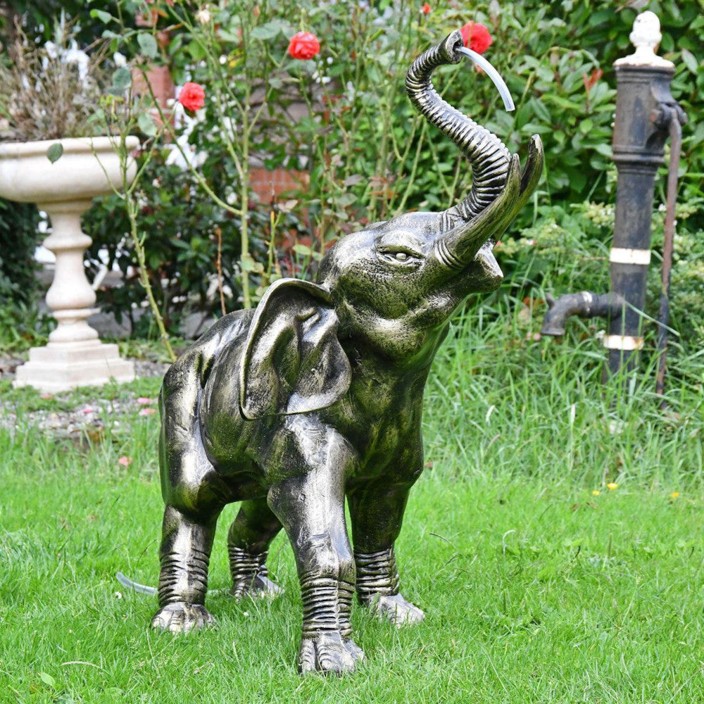Three quarter view of the elephant water fountain in the garden