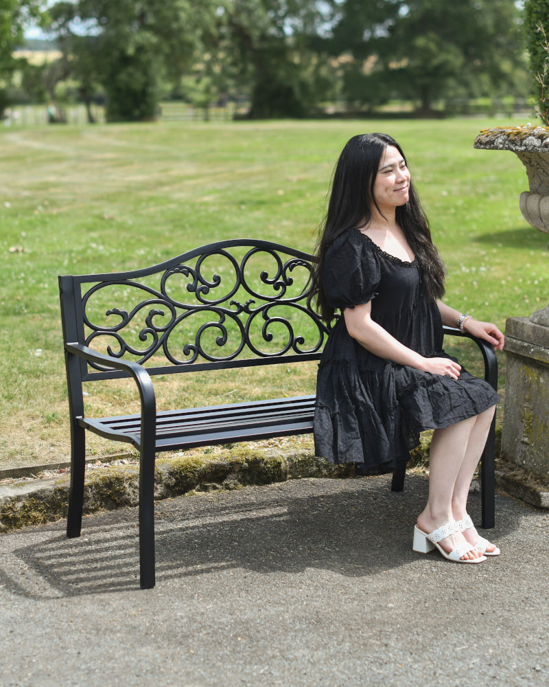 Life size scale of the black ornate bench