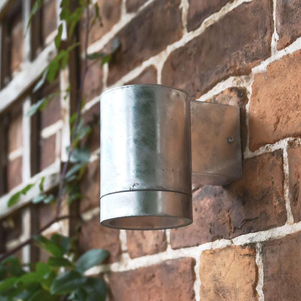 Angled view of the galvanised steel wall light