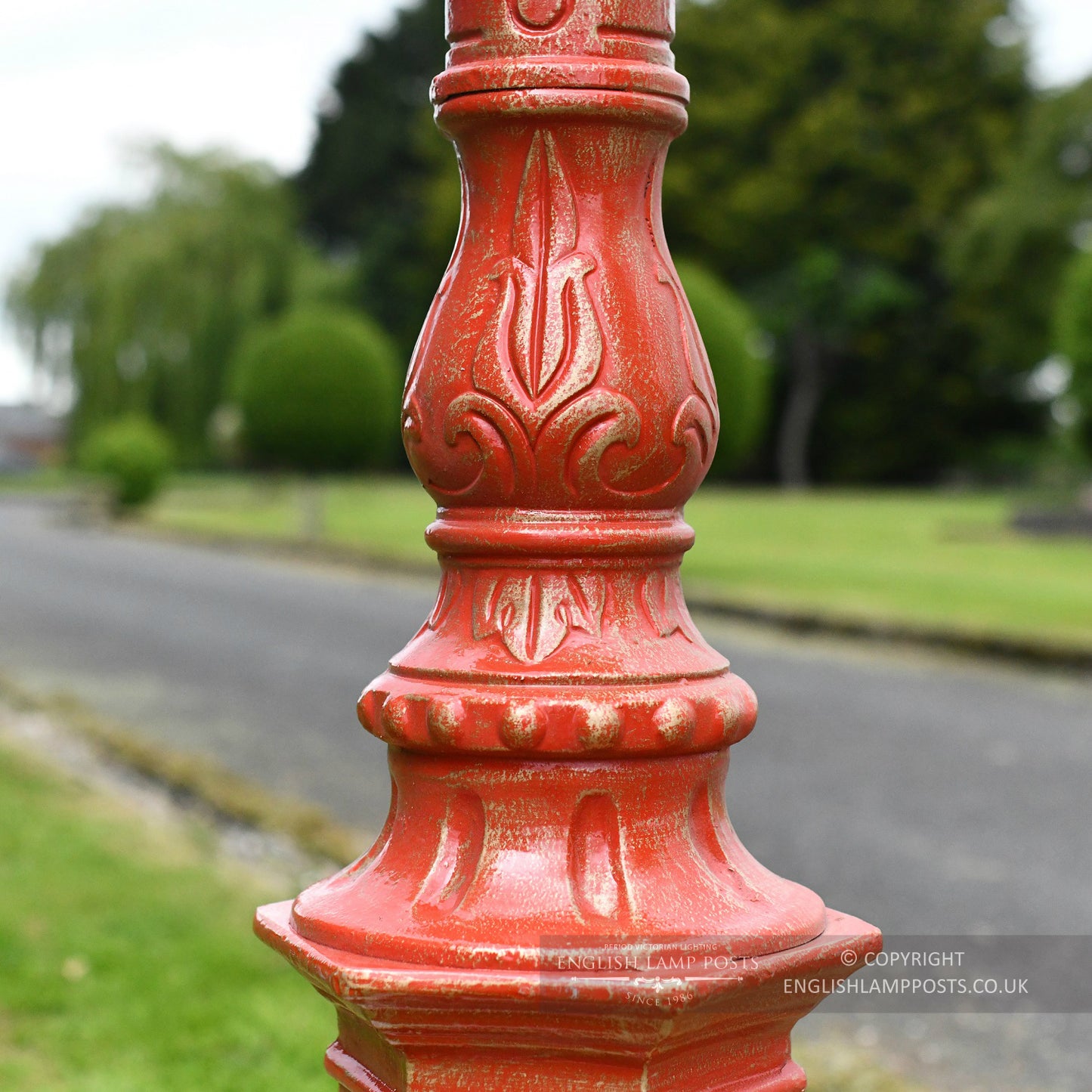 Cast Detailing On Vintage Red Cast Iron Lamp Post Column