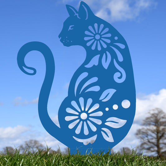 Floral Cat Garden Sheet Steel Silhouette In Blue
