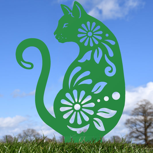 Floral Cat Garden Sheet Steel Silhouette In Green