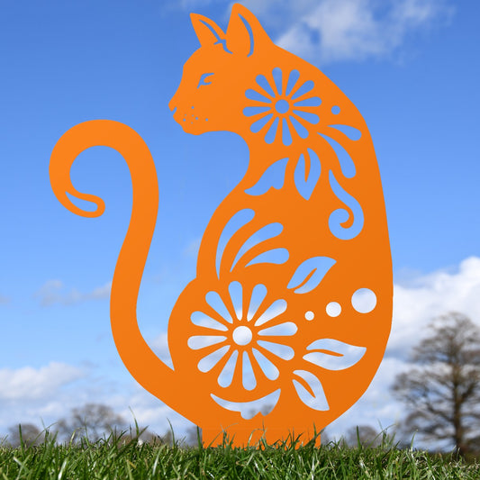 Floral Cat Garden Sheet Steel Silhouette In Orange