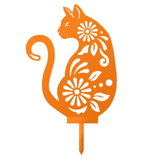 Floral Cat Garden Sheet Steel Silhouette In Orange