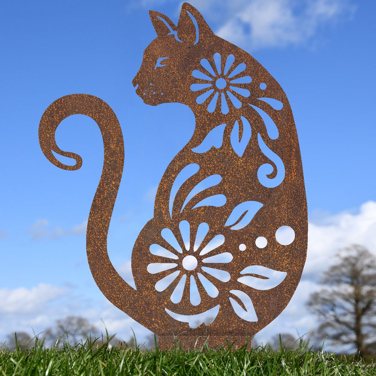 Floral Cat Garden Sheet Steel Silhouette In Rustic