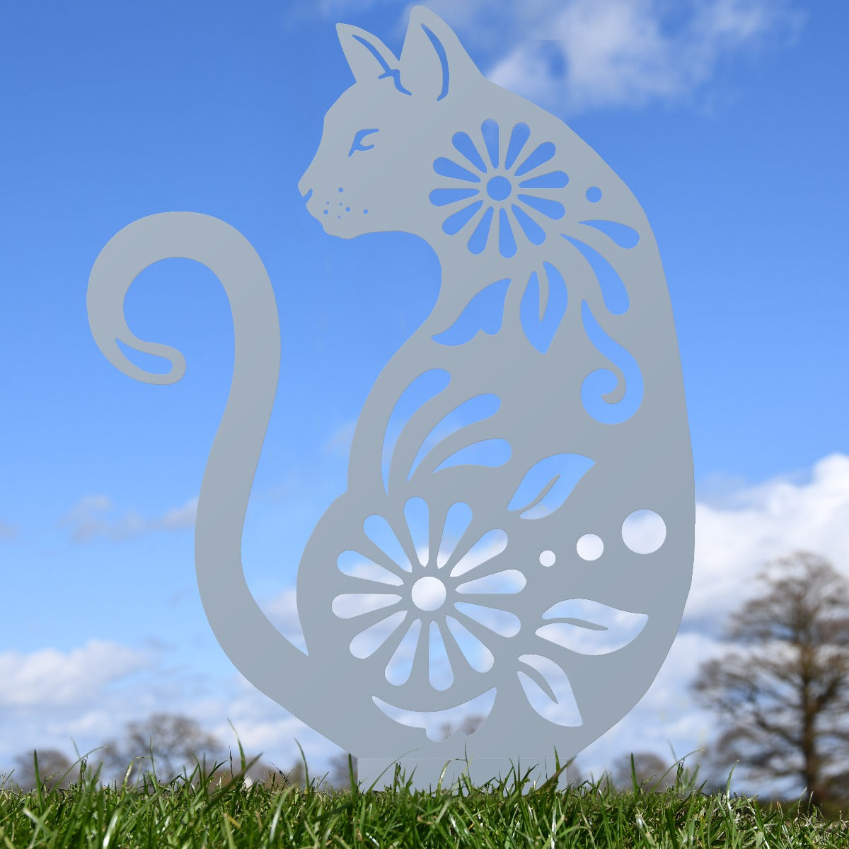 Floral Cat Garden Sheet Steel Silhouette In Silver