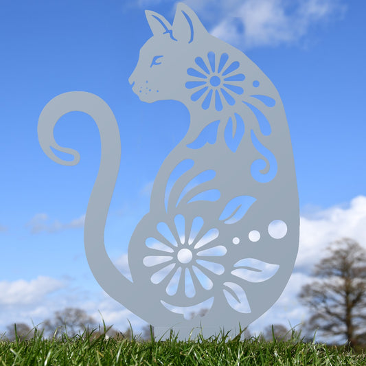 Floral Cat Garden Sheet Steel Silhouette In Silver