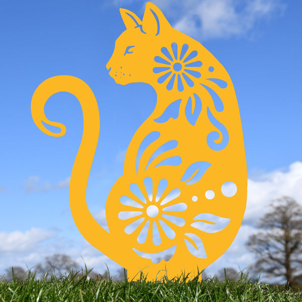 Floral Cat Garden Sheet Steel Silhouette In Yellow