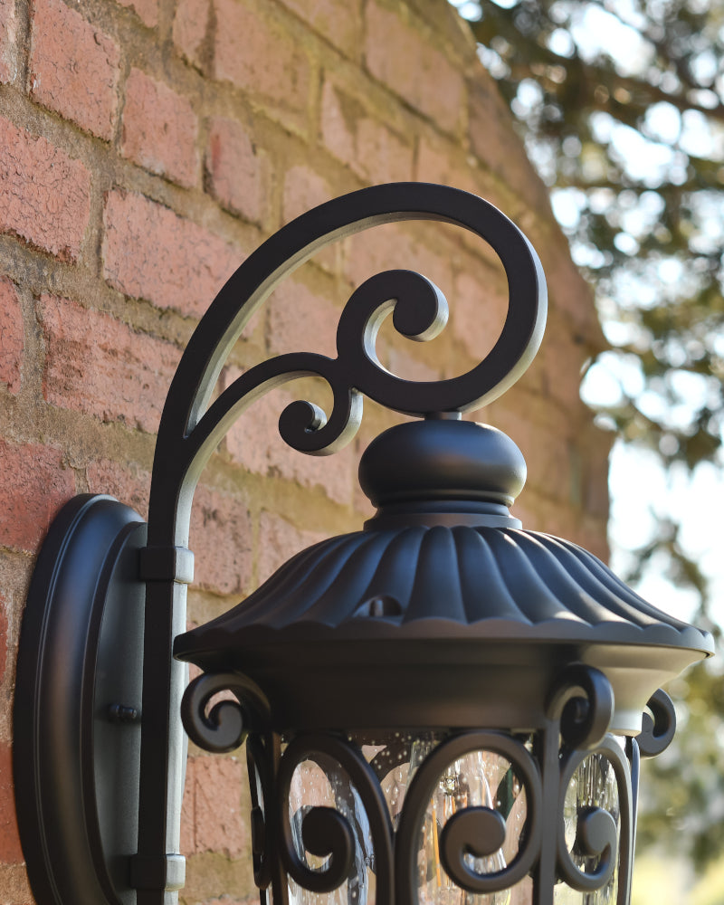 Close up of the scrolled arm bracket