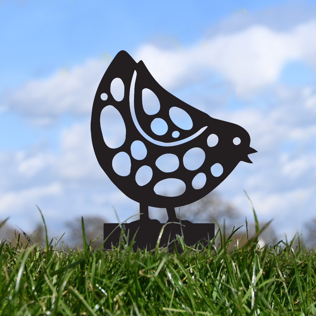 Pecking Chick Garden Sheet Steel Spike Sculpture In Black
