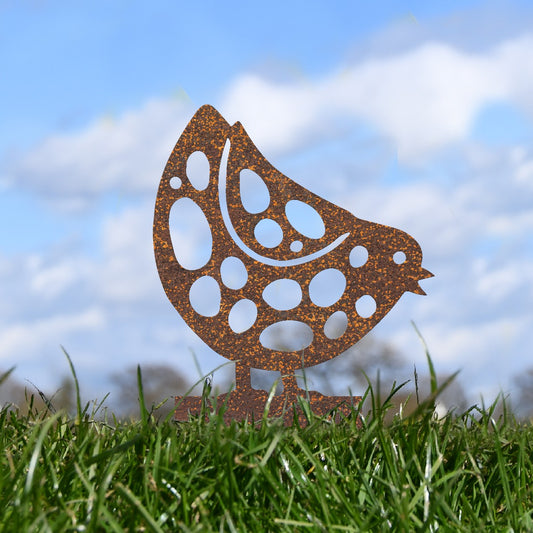 Pecking Chick Garden Sheet Steel Spike Sculpture In Rustic
