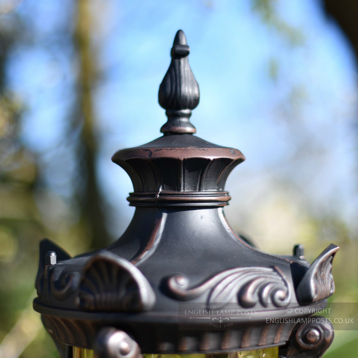 Close up of ornate finial on pillar light