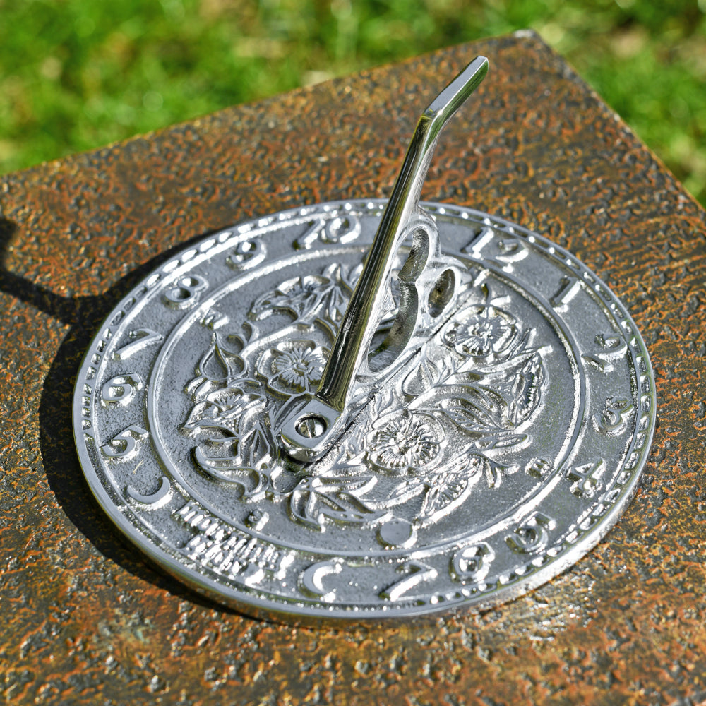 Close up view of the chrome sundial