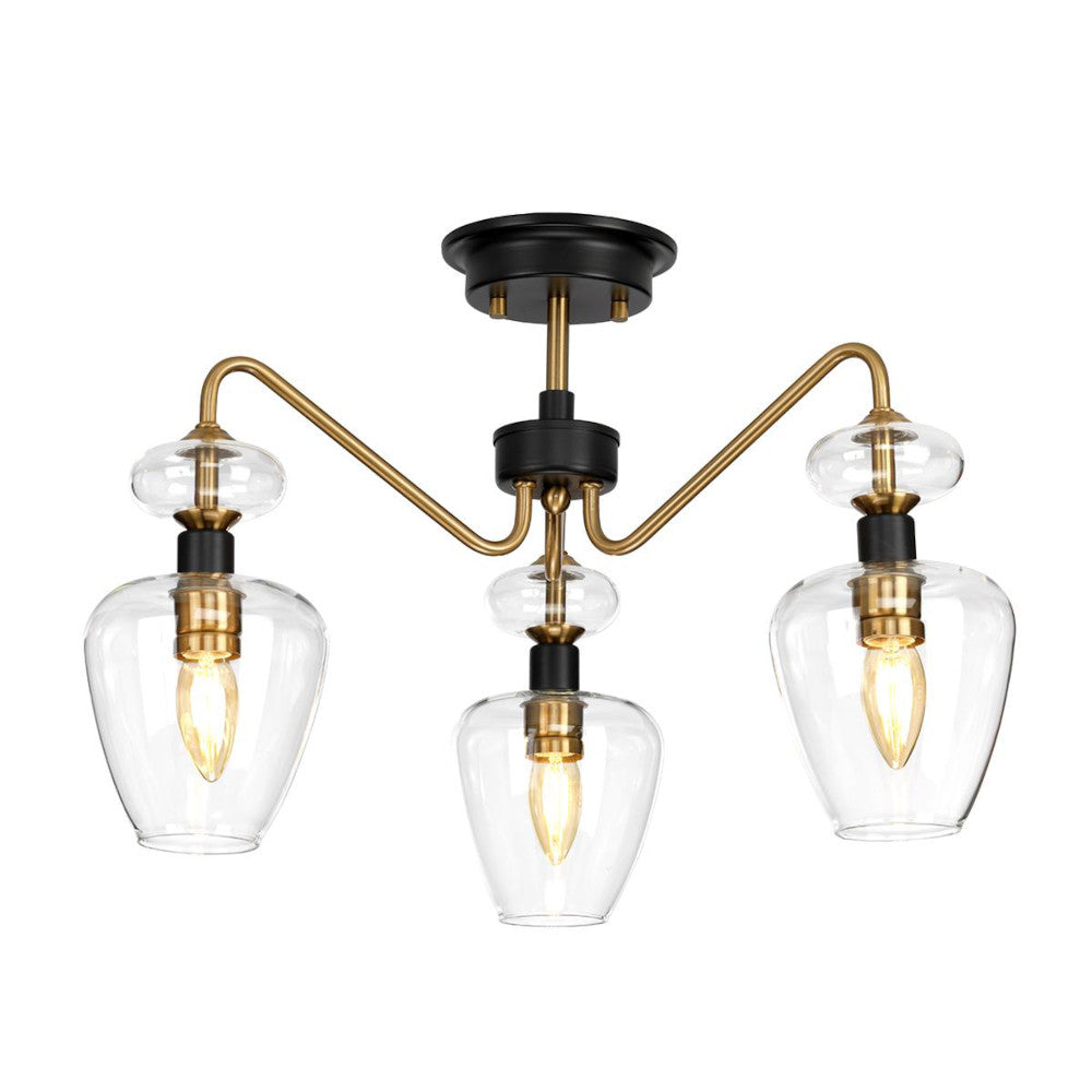 'Clyne' Three Light Antique Brass And Black Semi Flush Pendant Light
