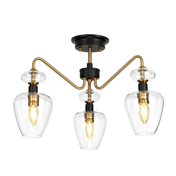 'Clyne' Three Light Antique Brass And Black Semi Flush Pendant Light