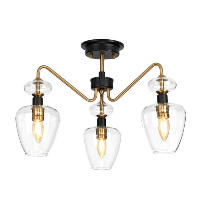 'Clyne' Three Light Antique Brass And Black Semi Flush Pendant Light - thumbnail
