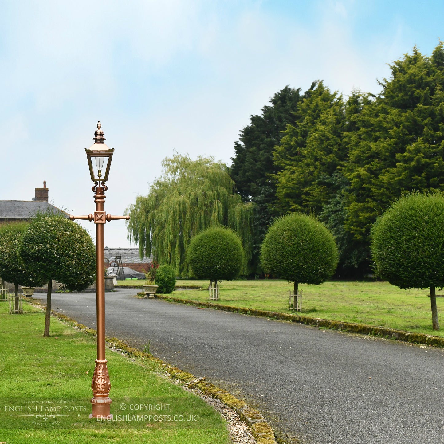 Copper and Rose Gold Kensington Lamp Post 2.25m Installed Along Driveway