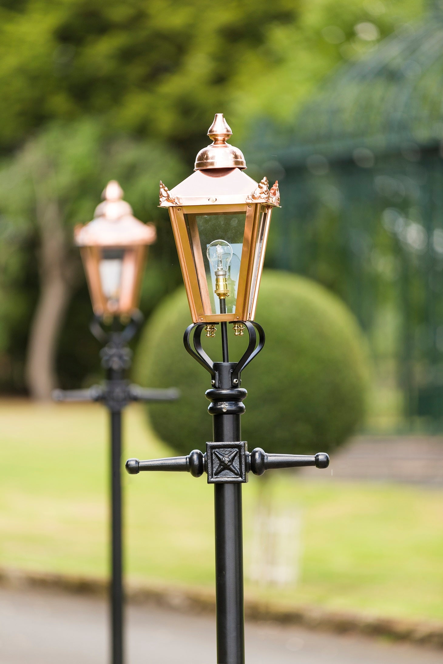Close up of Victorian Copper Lantern and Lamp Post Set