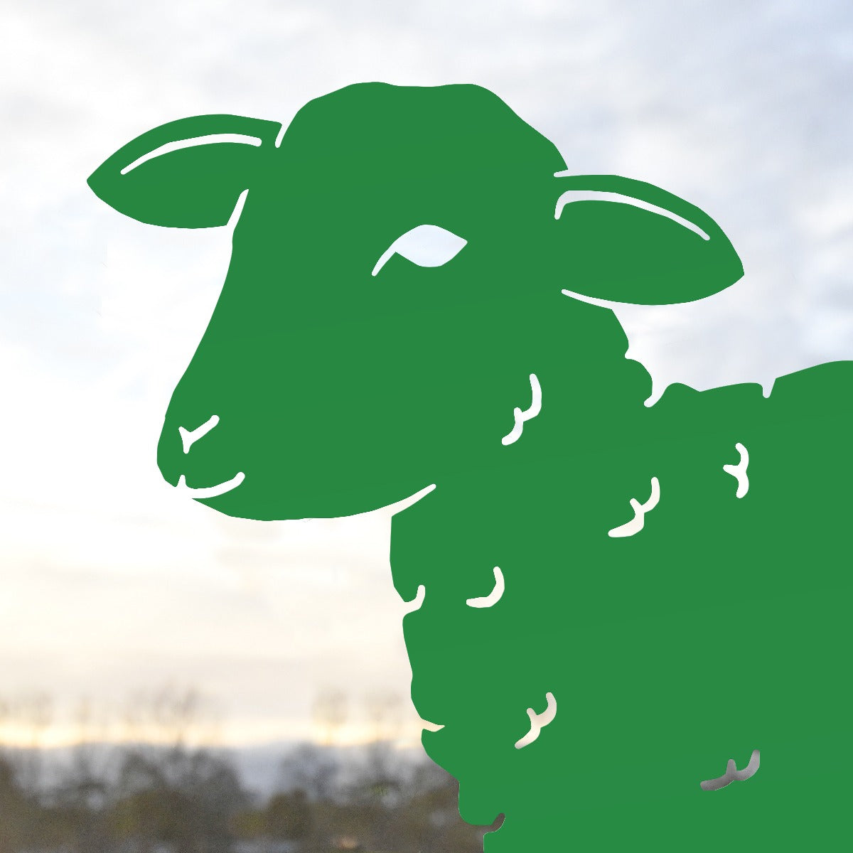 Young Curly Lamb Garden Sheet Steel Silhouette In Green Close Up