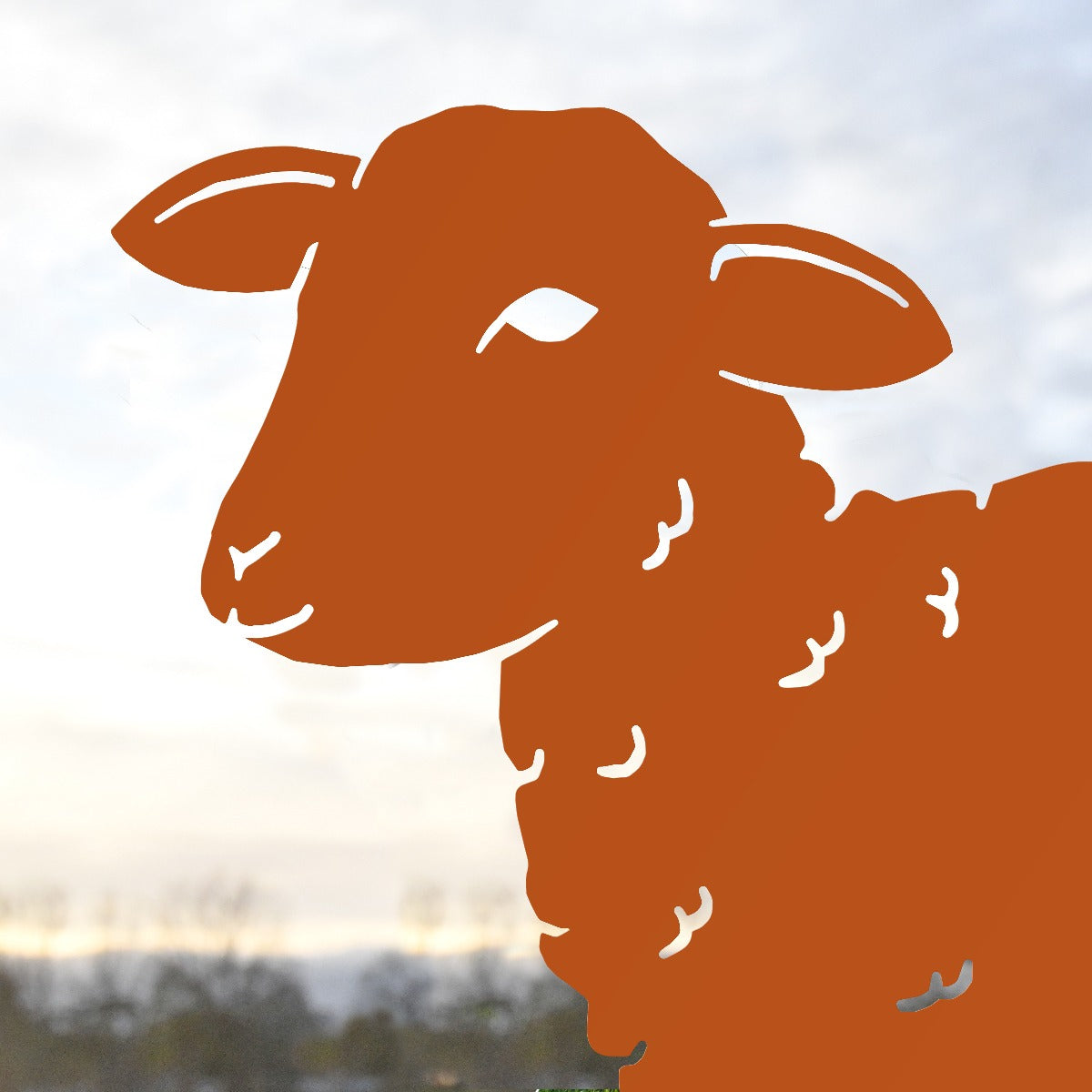 Close Up Of Young Curly Lamb Garden Sheet Steel Silhouette In Orange