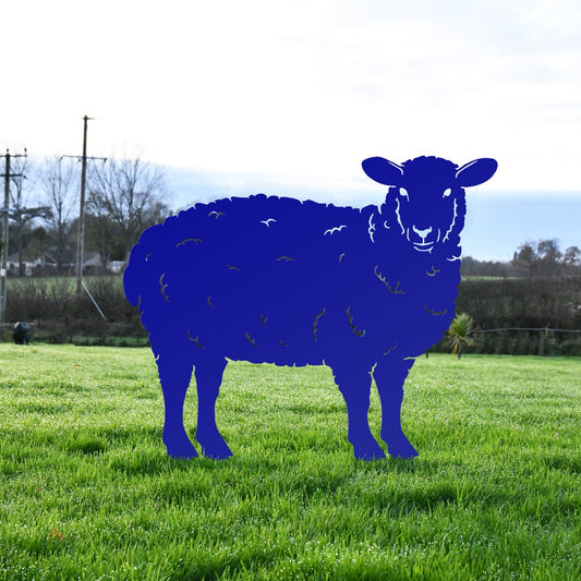 Blue Curly Sheep Sheet Steel Silhouette In Garden Setting