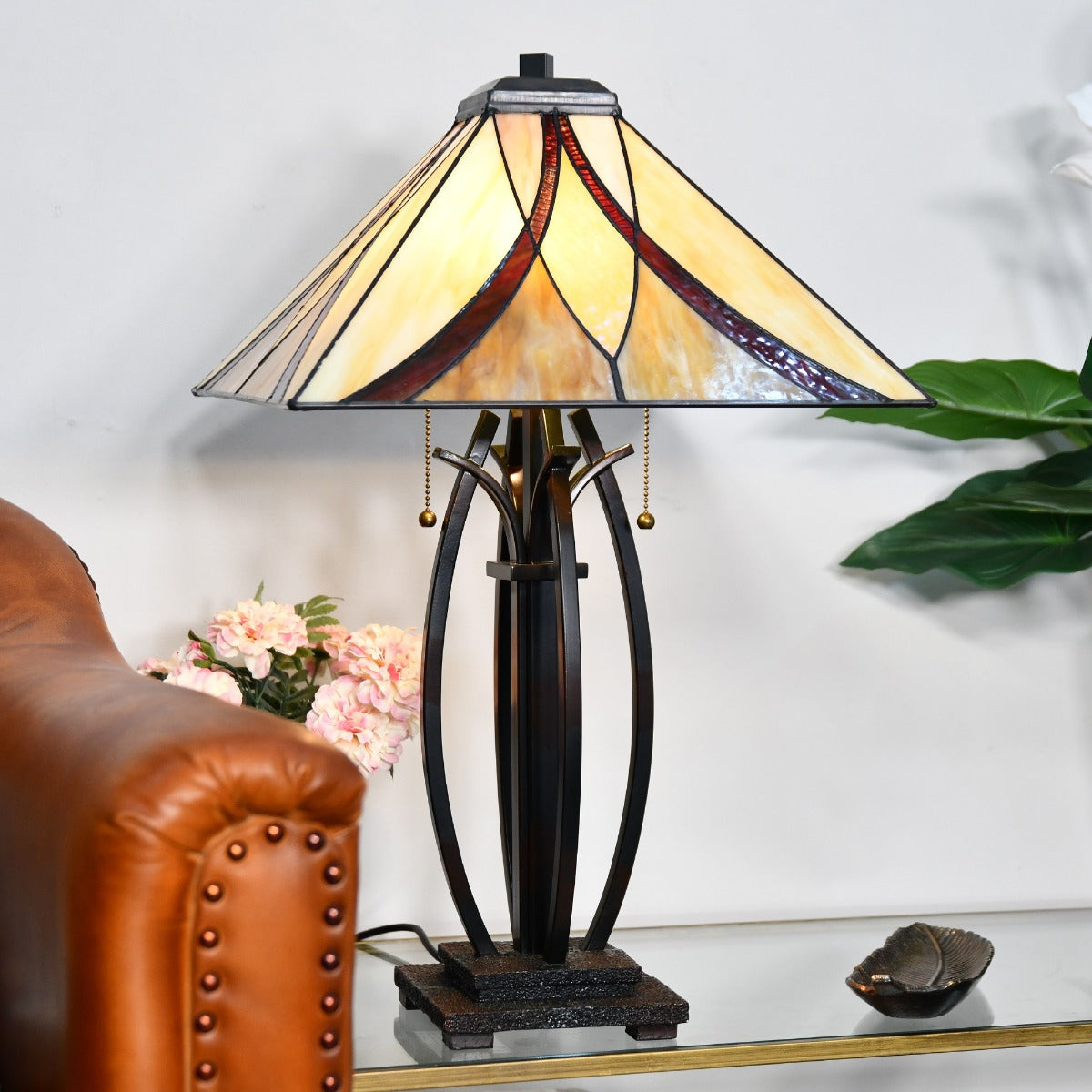 Dark Bronze Tiffany Desk Lamp with Glass Shade
