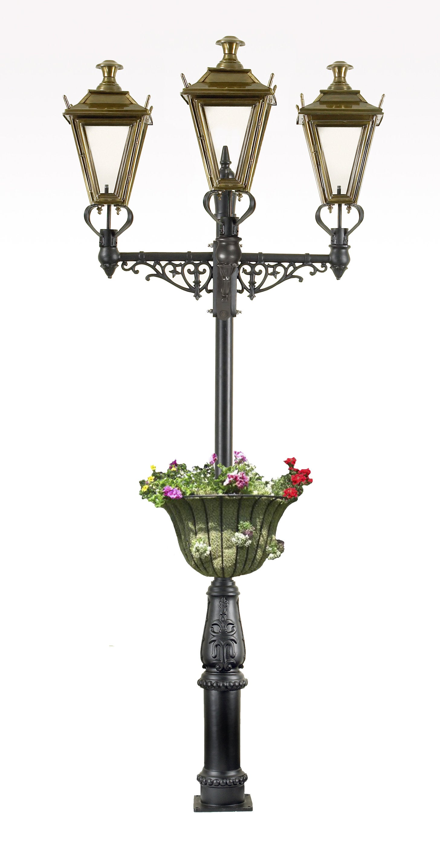 Triple Headed lamp post with flower basket