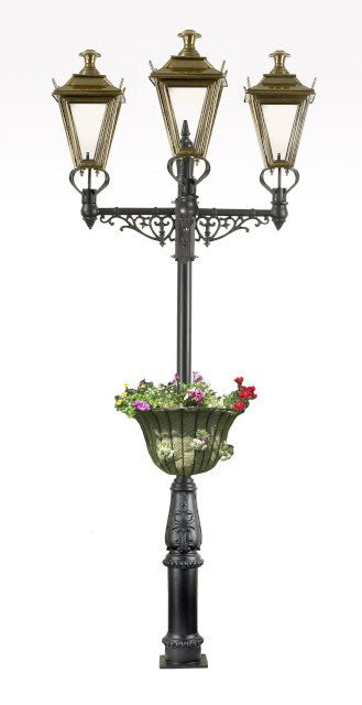 Triple Headed Dorchester Lamp Post with Flower Basket - thumbnail