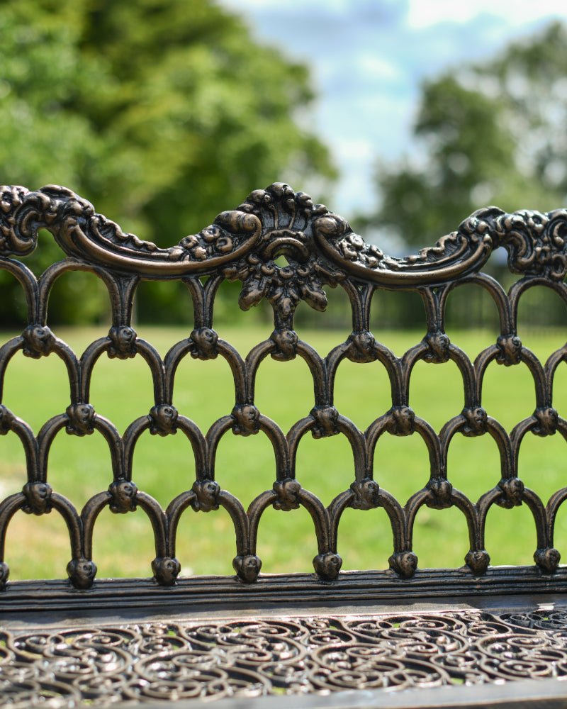 Close up of the ornate bench back