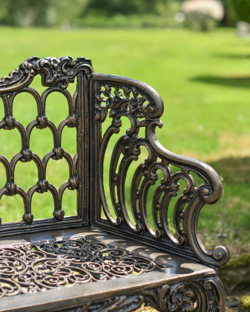 View of the highly decorated arm rest