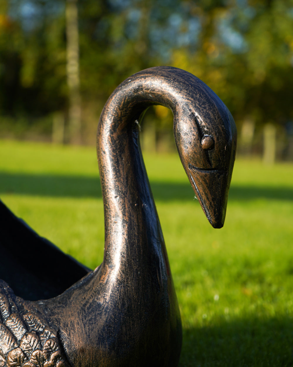 Close-up of swan garden planter 