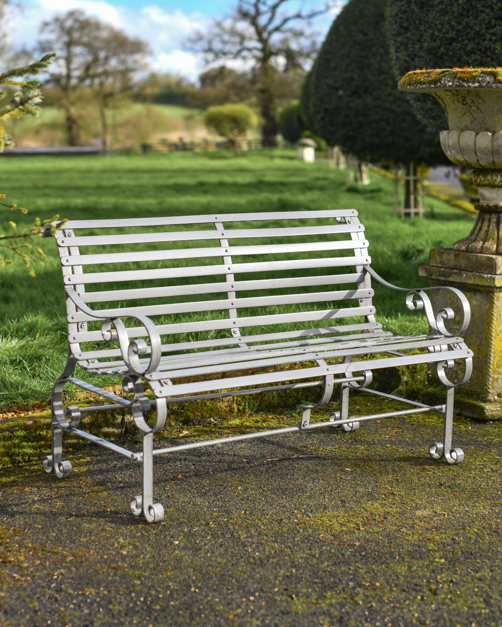 Grey metal garden bench
