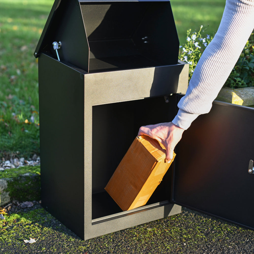 Parcel box with hinged doors 