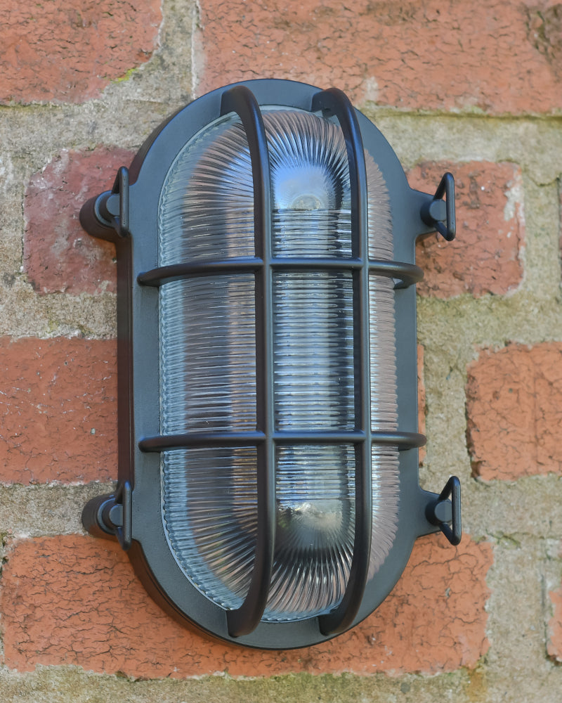 Head on view of the 'Dunham' Small Black Maritime Wall Light 