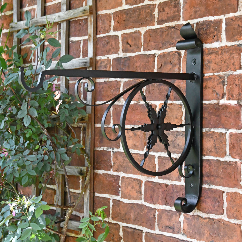 Angled view of decorative hanging basket 