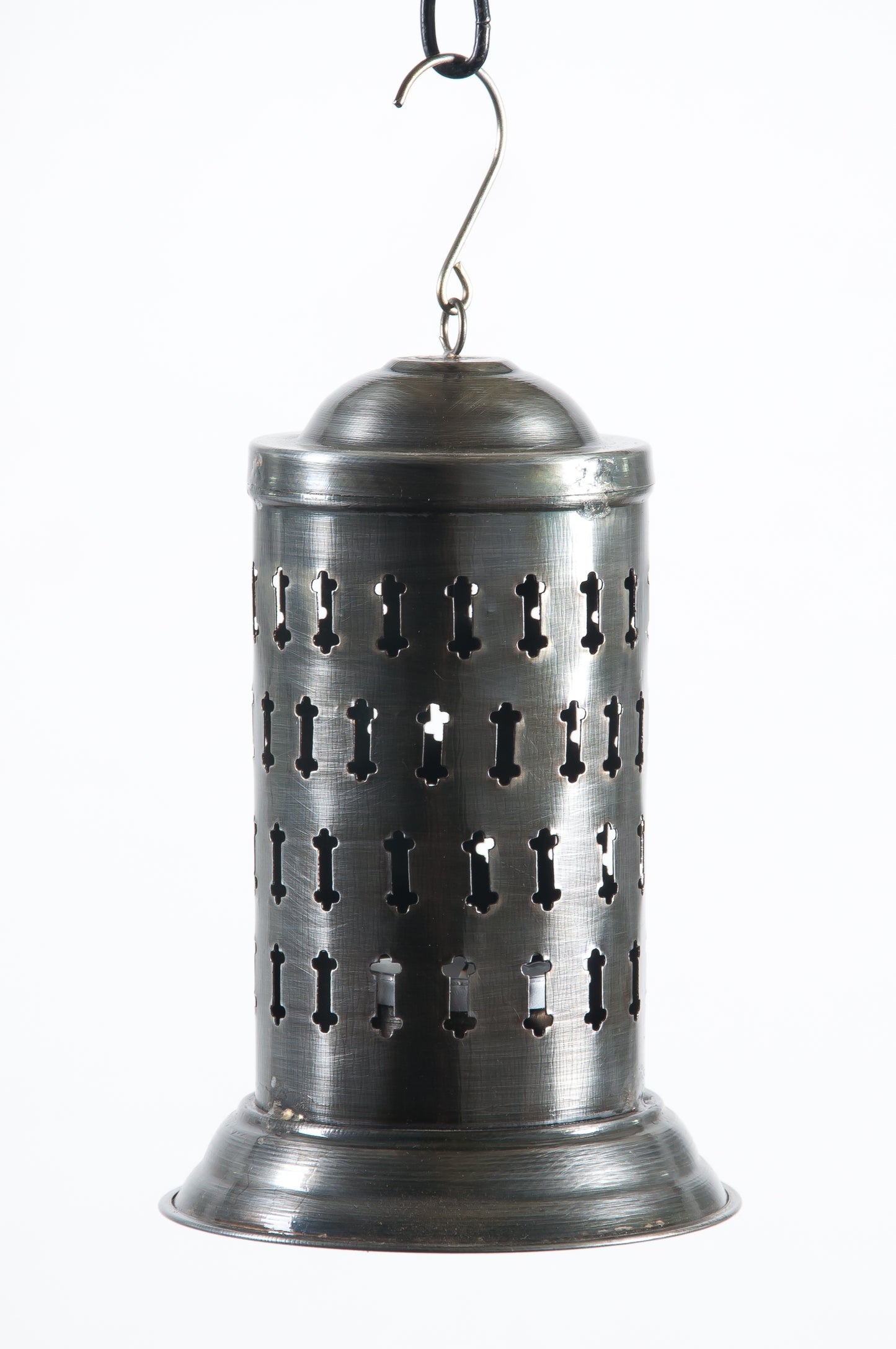 7" Antique Silver Etched Hanging Candle Lantern