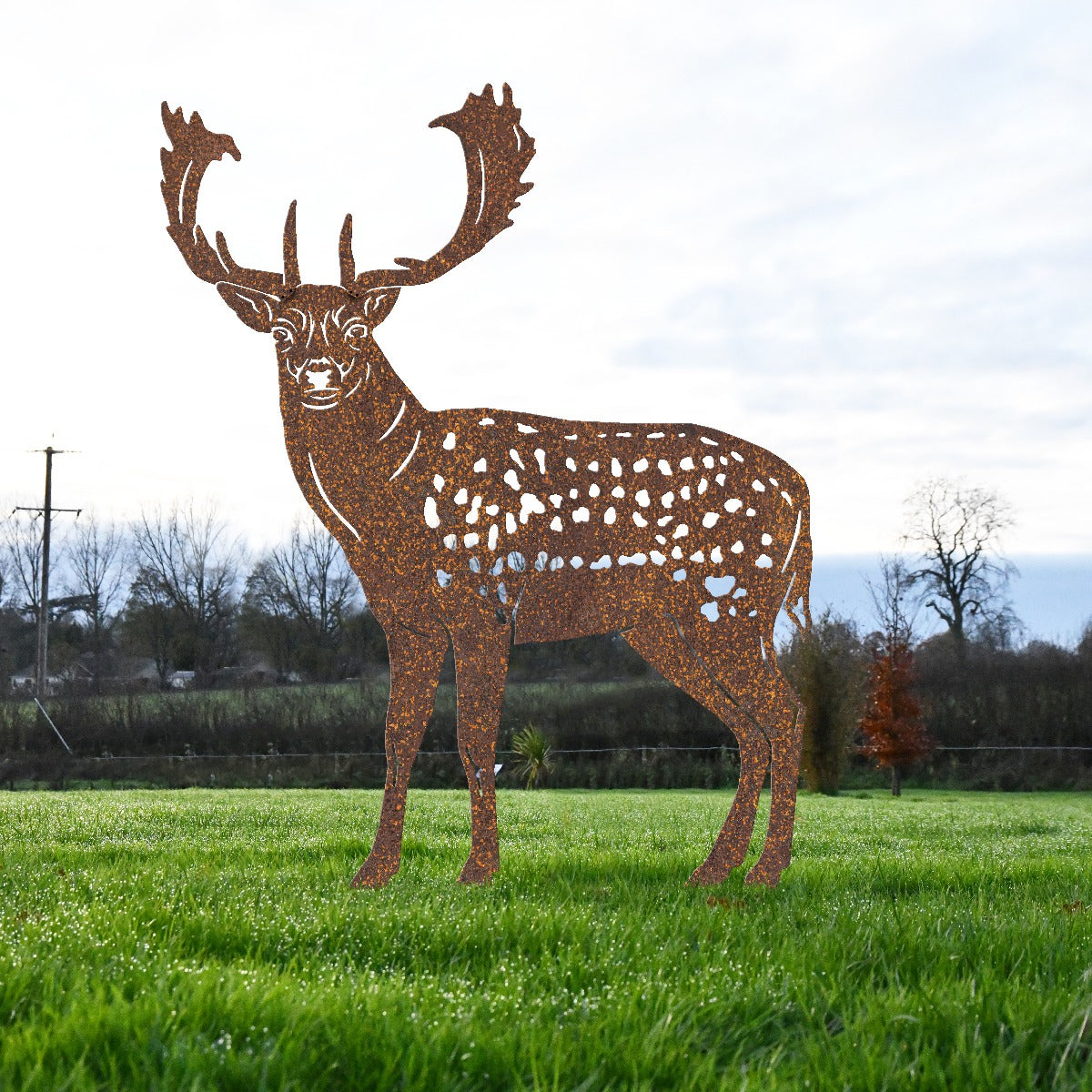 Rustic Fallow Stag Sheet Steel Silhouette In Garden Setting