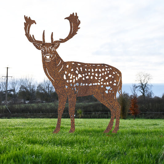 Rustic Fallow Stag Sheet Steel Silhouette In Garden Setting