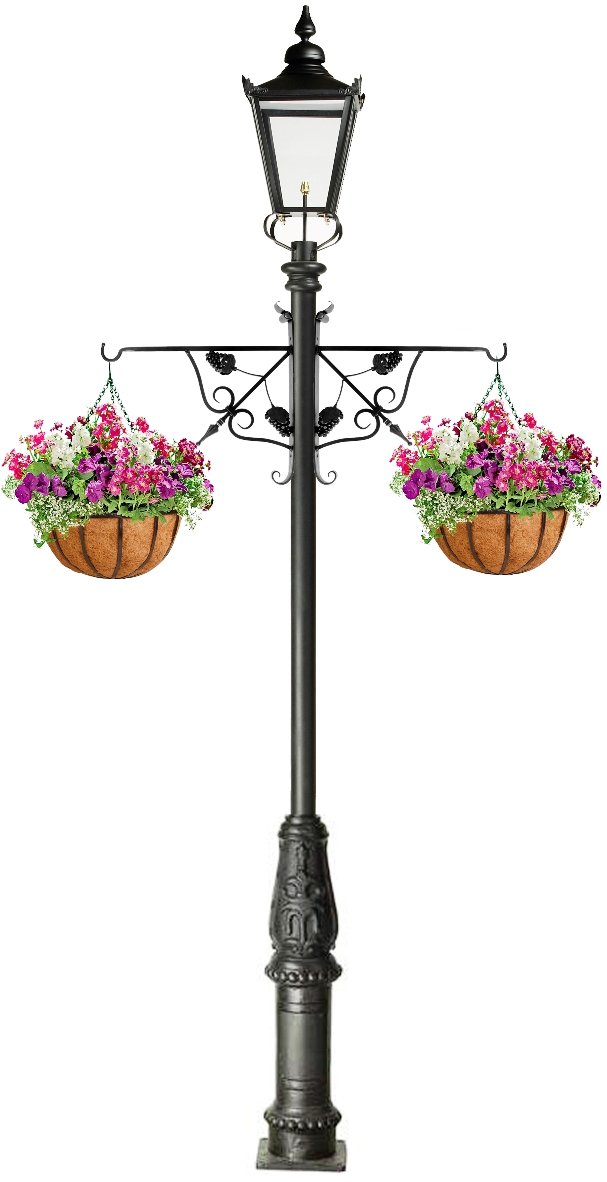 Flower basket post with ornate hanging brackets