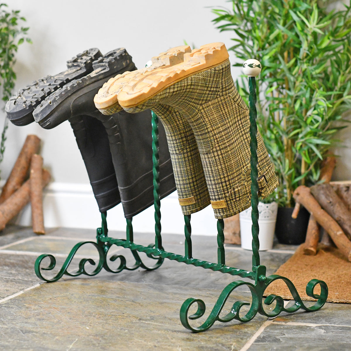 View of the wellies being placed on the rack
